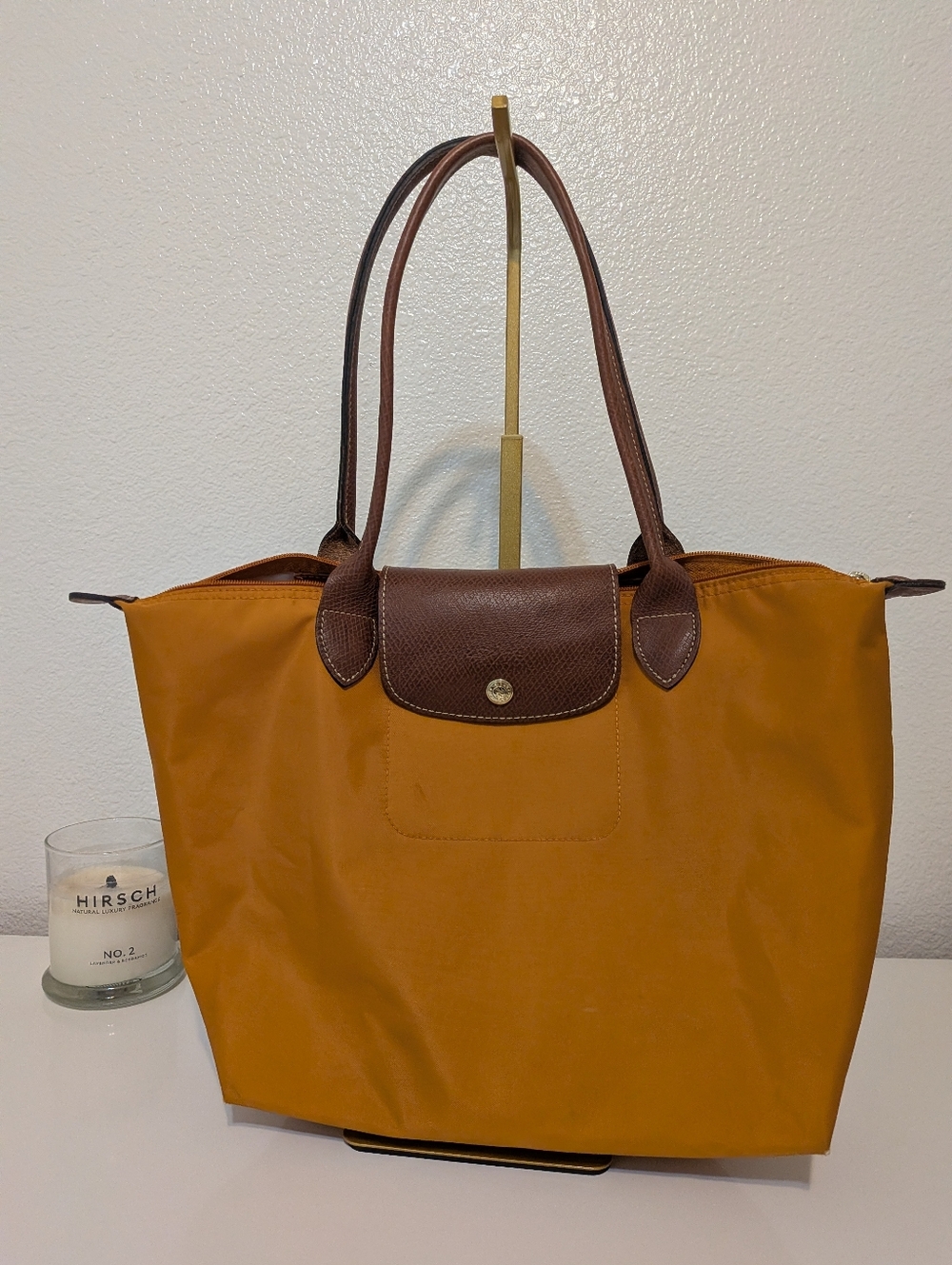 Longchamp Brown Leather Trim Mustard Tote Bag